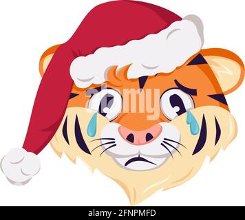 Joli personnage de tigre triste, simbol du nouvel an dans une casquette rouge de Noël. Animaux sauvages d'afrique avec des pleurs et des larmes émotions, décoration festive Illustration de Vecteur