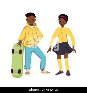 Garçon à capuche et jeans et fille en jupe et chemise avec peau foncée et cheveux noirs. Joyeux souriant les enfants et le skateboard des Afro-Américains. Adolescent Illustration de Vecteur