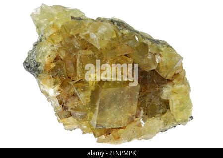 Fluorite ambre de Hilton Mine, Angleterre isolé sur fond blanc Banque D'Images