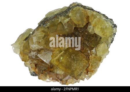 Fluorite ambre de Hilton Mine, Angleterre isolé sur fond blanc Banque D'Images