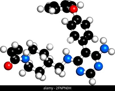 Molécule de médicament d'Evosbrutinib. Rendu 3D. Les atomes sont représentés sous forme de sphères avec un codage couleur conventionnel : hydrogène (blanc), carbone (noir), azote ( Illustration de Vecteur