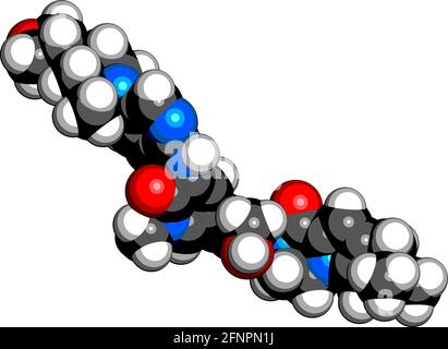 Molécule de médicament de Fenebrutinib. Rendu 3D. Les atomes sont représentés sous forme de sphères avec un codage couleur conventionnel : hydrogène (blanc), carbone (noir), azote Illustration de Vecteur