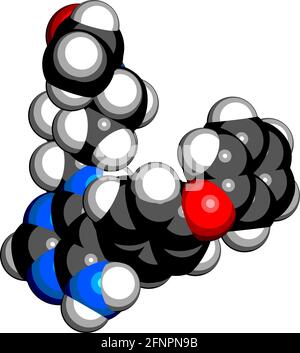 Molécule de médicament d'Evosbrutinib. Rendu 3D. Les atomes sont représentés sous forme de sphères avec un codage couleur conventionnel : hydrogène (blanc), carbone (noir), azote ( Illustration de Vecteur