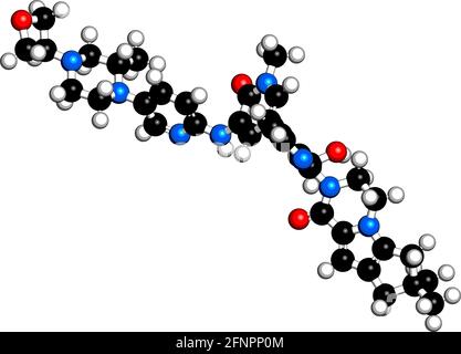 Molécule de médicament de Fenebrutinib. Rendu 3D. Les atomes sont représentés sous forme de sphères avec un codage couleur conventionnel : hydrogène (blanc), carbone (noir), azote Illustration de Vecteur