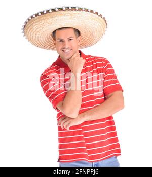 Beau homme en chapeau de sombrero sur fond blanc Banque D'Images