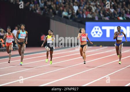 Shaunes Miller-Uibo (BAH), Kimberley Duncan (États-Unis), Mujinga Kambundji (SUI). 200 mètres, semi-finale. Championnats du monde d'athlétisme de l'IAAF. Londres 2017 Banque D'Images