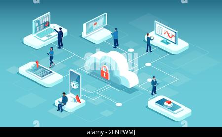 Vecteur d'hommes et de femmes utilisant des appareils mobiles, ordinateurs chargeant des données sur un stockage sécurisé dans le cloud Illustration de Vecteur