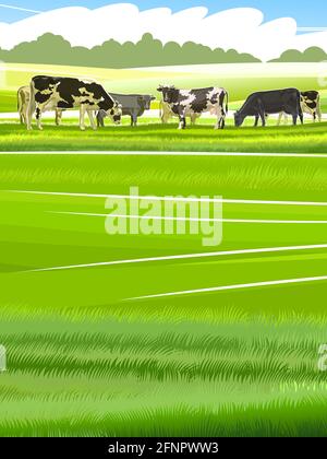 Un troupeau de vaches se retrouve parmi les collines rurales. Pâturages. Prés et champs. Paysage de village rustique. Travaux agricoles. Vecteur Illustration de Vecteur