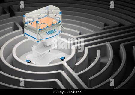 Prendre soin d'un concept de bébé prématuré. Incubateur néonatal au centre d'un labyrinthe, rendu 3D Banque D'Images