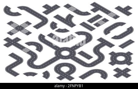 Routes 3D isométriques. Route asphaltée avec marquages, périphérique, croisement, chemin incurvé. Éléments urbains pour infographie ou ensemble de vecteurs cartographiques. Pièces de jonctions avec routes et voies, voie de circulation Illustration de Vecteur