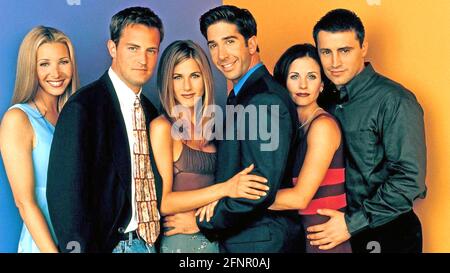 AMIS NBC TV série 1994-2004 avec de gauche: Lisa Kudrow (Phoebe), Matthew Parry (Chandler) , Jennifer Aniston (Rachel), David Schwimmer (Ross) , Courtney Cox (Monica), Matt LeBlanc (Joey) Banque D'Images