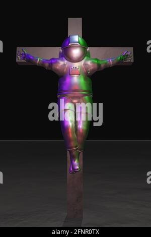 Astronaute crucifié isolé en costume argenté. Rendu 3D. Banque D'Images