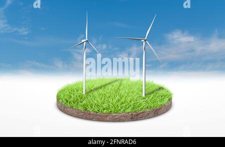 rendu 3d. Coupe transversale d'herbe verte avec éolienne sur fond bleu ciel. Banque D'Images