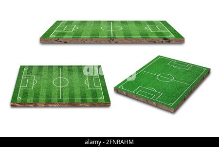 Rendu 3D. Collection de terrain de football à herbe verte isolée sur fond blanc. Perspective différente Banque D'Images