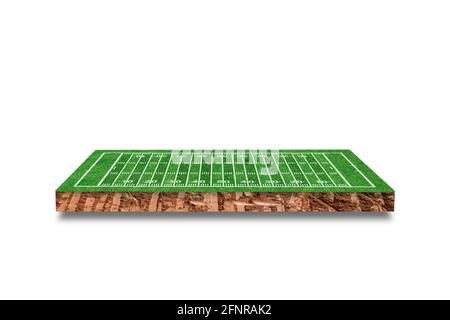 Section cubique du sol avec terrain de football américain isolé sur fond blanc. Rendu 3D. Banque D'Images