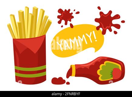 Frites et sauce tomate ketchup. Dessin animé fast food, tache de ketchup. Bâtonnets jaunes, pommes de terre frites grillées. Carte de menu délicieux repas rapide, délicieux déjeuner malsain. Vecteur tracé à la main Illustration de Vecteur