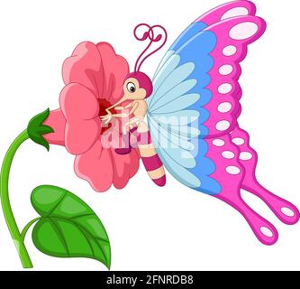 Papillon de dessin animé avec fleurs sur fond blanc Illustration de Vecteur