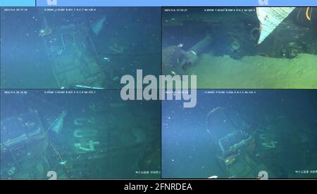 (210519) -- DENPASAR, 19 mai 2021 (Xinhua) -- UNE photo mise à disposition par la Marine indonésienne et prise par un véhicule télécommandé (ROV) montre le sous-marin submergé de la Marine indonésienne KRI Nanggala-402 à Denpasar, Bali, Indonésie, le 18 mai 2021. La Marine indonésienne, avec l'aide de la Marine chinoise de l'Armée populaire de libération, a réussi à soulever un radeau de sauvetage et d'autres fragments appartenant au sous-marin indonésien KRI Nanggala-402 immergé dans les eaux de Bali. (Marine indonésienne/document via Xinhua) Banque D'Images