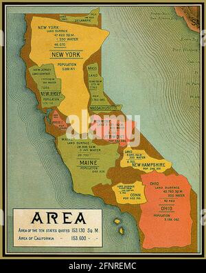 Carte de la zone de comparaison de l'État de Californie. Il s'agit d'une reproduction améliorée et restaurée d'une ancienne carte de Californie publiée en 1890 et parrainée par une compagnie de chemin de fer. Plus précisément, il s'agit d'un petit encart de la carte originale qui met en évidence la grande zone occupée par l'État de Californie. Pour illustrer la bignité de l'état, cette carte, comme un puzzle, englobe l'équivalent de la superficie de plusieurs autres États combinés. Banque D'Images