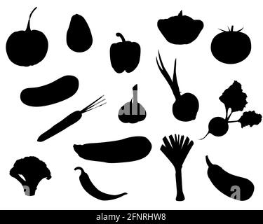 un ensemble de silhouettes de légumes. oignon, ail, betterave, avocat, citrouille, brocoli aubergine, poireau, poivre, courge, courge piment vecteur de poivre isolat Illustration de Vecteur