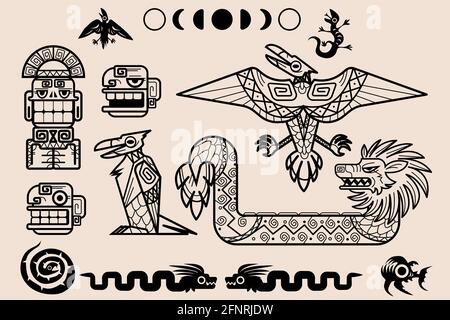 Ensemble de motifs mayas ou aztèques, éléments décoratifs tribaux de la culture méso-américaine mexicaine, collection d'ornements ethniques isolés. La civilisation antique tatouage de dragon, phases de lune et idole avec serpent Illustration de Vecteur