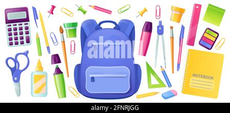 Articles de papeterie pour l'école et sac à dos pour enfants. Matériel d'éducation pour les enfants. Ensemble de dessins animés vectoriels de sac, stylo, crayons, gomme, boussole de dessin, bloc-notes, calculatrice, ciseaux et règle Illustration de Vecteur