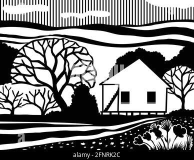 Stencil illustration d'une maison cajun, maison créole ou maison de style acadien ou architecture sur fond isolé fait en noir et blanc rétro s Illustration de Vecteur