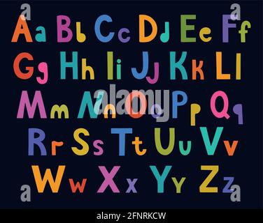 Joli alphabet coloré lumineux pour enfants avec lettres originales dessinées à la main. Illustration de Vecteur