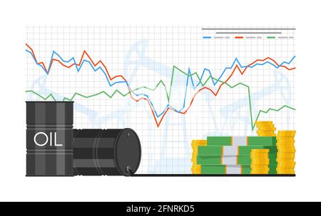 Illustration vectorielle du prix du baril de pétrole à plat. Graphique de stock sur l'écran de l'ordinateur portable. Illustration de Vecteur