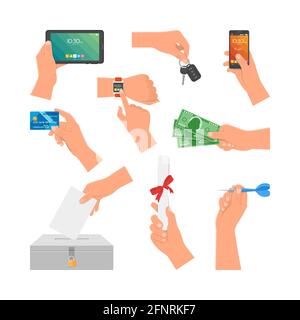 Ensemble vectoriel de mains humaines tenant de l'argent, carte de crédit, téléphone et clé. Éléments de conception, icônes isolées sur fond blanc Illustration de Vecteur