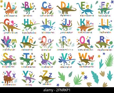 Alphabet Dino. Ensemble coloré lumineux avec dessin animé à la main dinosaures mignons et lettres compositions pour les enfants et comme ressources éducatives Illustration de Vecteur