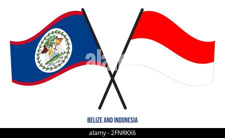 Belize et Indonésie drapeaux croisés et ondulant le style plat. Proportion officielle. Corriger les couleurs. Illustration de Vecteur