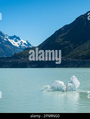 Icebergs flottant dans le lac terminal du glacier Tasman avec des montagnes enneigées en arrière-plan, le parc national du Mont Cook. Format vertical Banque D'Images