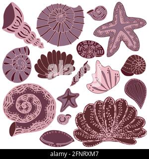 ensemble vectoriel d'objets roses isolés monochromes de coquillages et d'étoiles de mer des mers et des océans du monde sous-marin Banque D'Images