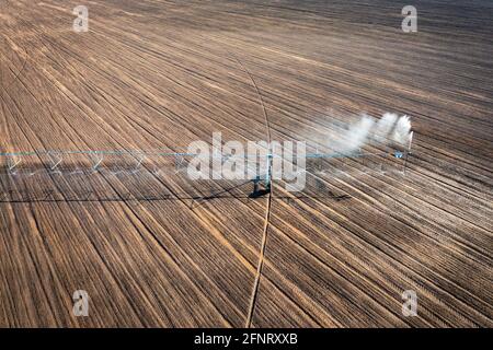 Un système d'arrosage par irrigation de terrain arrose des rangées de cultures de champs sur les terres agricoles. Système d'irrigation à pivot central Banque D'Images