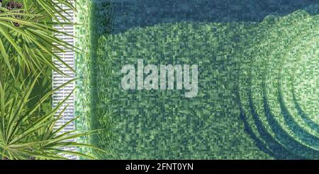 vue aérienne de la piscine carrelée de vert avec des escaliers ronds et des feuilles de palmier d'un côté avec espace pour le texte. arrière-plan d'été. rendu 3d Banque D'Images