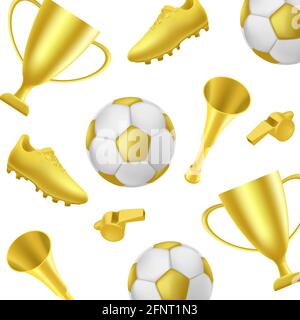 Motif de football avec des attributs gagnants tels que la chaussure dorée, le bonnet de pêche, le ballon doré et le sifflet et l'avertisseur sonore, gros plan sur fond blanc Illustration de Vecteur