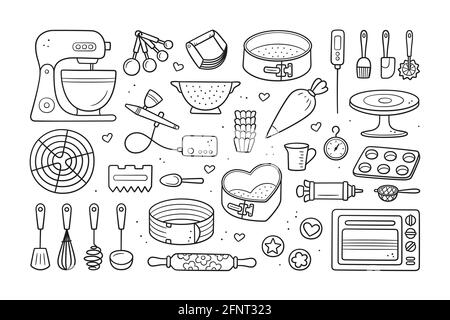 Un ensemble d'outils pour faire des gâteaux, des biscuits et des pâtisseries. Outils de confiserie Doodle - batteur de pâte stationnaire planétaire, casseroles, cuillères à mesurer Illustration de Vecteur