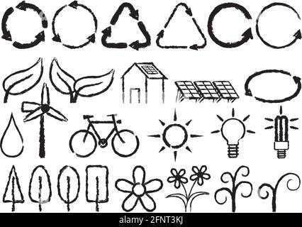 Un ensemble de 25 symboles dessinés à la main, liés à la conservation de l'environnement. Illustration de Vecteur