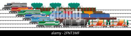 Jeu de wagons de fret de train, citernes, chars, voitures Illustration de Vecteur