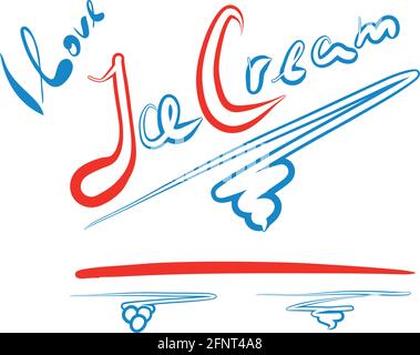 J'aime Ice Cream Vector. Boutique de glace, logo du magasin, imprimé t-shirt, dessiné à la main, peint à la main. Illustration de Vecteur