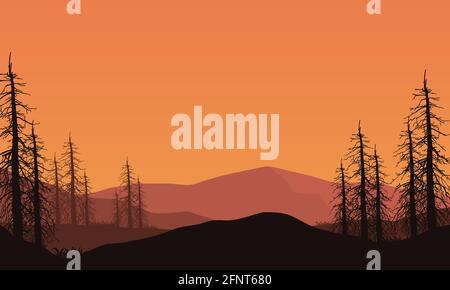 Panorama de montagnes silhouettes avec de fantastiques pins sous le beau ciel crépuscule. Illustration vectorielle d'une ville Illustration de Vecteur