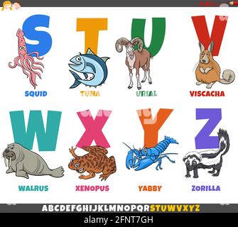 Illustration de dessin animé de l'alphabet coloré éducatif de la lettre S. À Z avec des personnages d'animaux de bande dessinée Illustration de Vecteur