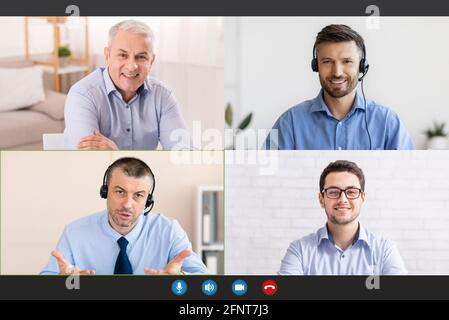Communication à distance pendant une épidémie de covid. Écran avec des collègues masculins heureux discutant des problèmes d'entreprise sur webcam Banque D'Images