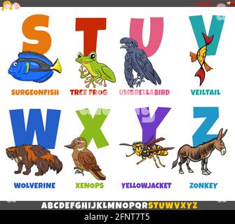 Illustration de dessin animé de l'alphabet coloré éducatif de la lettre S. À Z avec des personnages animaux amusants Illustration de Vecteur