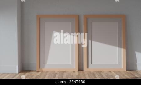 Deux posters sur un mur blanc avec un cadre de couleur naturelle. Image CGI, rendu 3D, illustration 3D Banque D'Images
