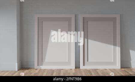 Deux affiches se montant sur un mur blanc avec un cadre blanc. Image CGI, rendu 3D, illustration 3D Banque D'Images