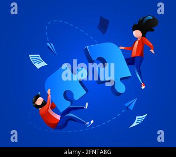 Les gens volent autour du puzzle. Coopération, travail d'équipe et concept de partenariat. Illustration vectorielle Illustration de Vecteur