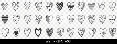 Styles de jeu de caniche en forme de coeur. Collection de dessins à la main divers modèles et styles de formes et de motifs de coeur en rangées isolées sur fond transparent Illustration de Vecteur