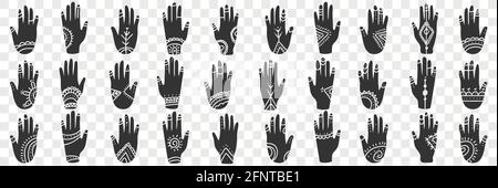 Mains humaines avec des signes occultes ensemble de Doodle. Collection de mains humaines noires dessinées à la main avec des signes et des symboles spirituels dans des rangées isolées sur fond transparent Illustration de Vecteur